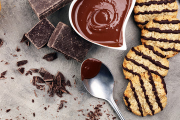 Chocolate cookies on stone table. Chocolate chip cookies shot.