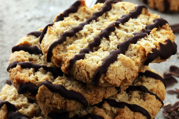 Chocolate cookies on stone table. Chocolate chip cookies shot.