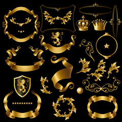 Vector set decorative golden elements, heraldic ornament, ribbons, crowns, stars, curls, branches isolated on black Vintage clipart for creation royal stickers, premium quality labels, emblems, badges