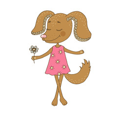 Cute dog girl with closed eyes in pink dress
