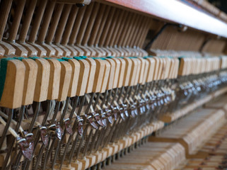 Fototapeta premium Close up image of interior of grand piano showing strings and structure