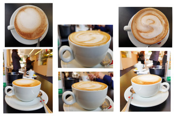collection of cup of hot milk or cup of cappuccino coffee on table in the bar europe style.