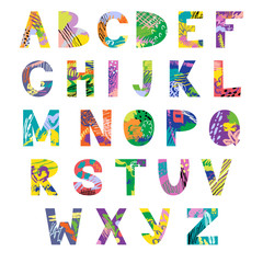Vector hand drawn latin artistic alphabet. Doodle fancy abc. Colorful fanky creative font.
