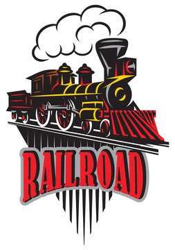 Vector emblem in vintage style with locomotives. Label, badge, pattern on retro railroad theme