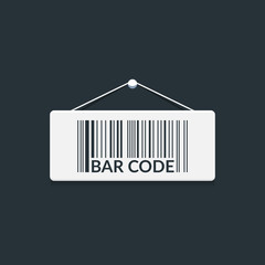 The bar code of the goods weighs on the plate with a rope and a clerical button. Illustration isolated on a dark background.