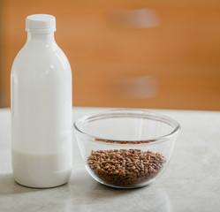 Healthy breakfast with cacao crisps and fresh milk.