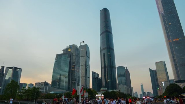 sunset sky guangzhou city downtown famous buildings walking panorama 4k timelapse china

