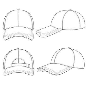 Set of black and white illustrations with a baseball cap. Isolated vector objects on white background.