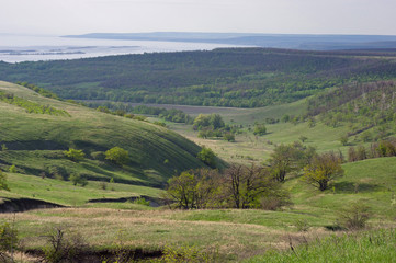 Fototapeta na wymiar View from the mountain to the green hills and the lowlands of the river. Bright spring greens.