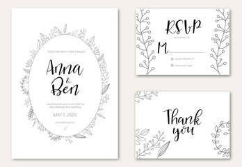Vector illustration of white wedding invitation template with small leaves and flowers. 
