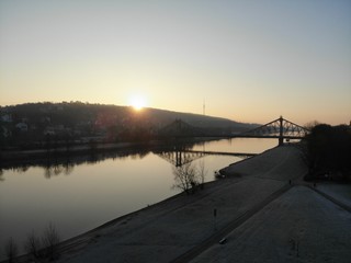 Early morning Dresden Elbe River scenery at Loschwitzer Bridge Blaues Wunder in Germany