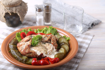 Meat with horse-radish sauce and  vegetables