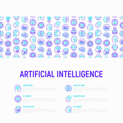 Fototapeta na wymiar Artificial intelligence concept with thin line icons: robot, brain, machine learning, marketing analytics, cpu, chip, voice assistant. Modern vector illustration for banner, web page, print media.