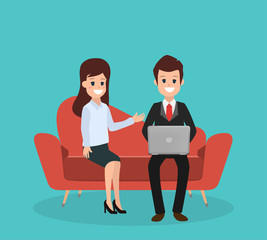 woman in freelance working design. flat cartoon people on sofa with laptop.