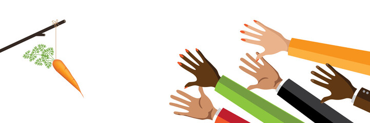 Incentive business concept. Multicultural group of men and women reaching for a dangling carrot on a stick. EPS10 vector illustration. Metaphor.