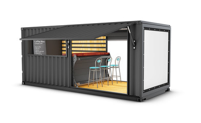 Old shipping container is converted into a chic coffee shop, 3d Illustration - obrazy, fototapety, plakaty