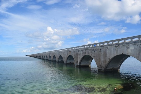 Seven mile bridge in the Florida Keys, on a sunny day with blue cloudy sky