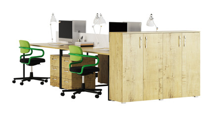Office furniture is ruled on a white background, Office space. Design of office. 3D rendering.