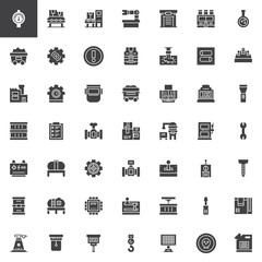 Factory, industry vector icons set, modern solid symbol collection, filled style pictogram pack. Signs, logo illustration. Set includes icons as gauge, conveyor, warehouse, mechanical  arm, containe