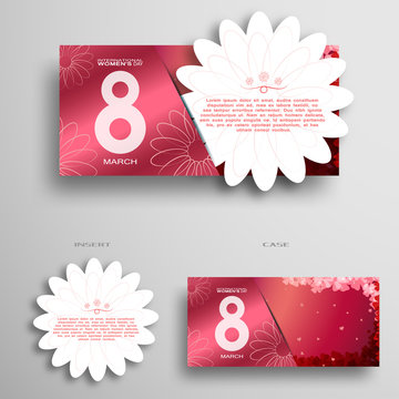 Vector greeting pink envelope with insert in the form of white flower for 8 of March - International Women's Day with pattern from leafs and silhouette of flowers on the gray background with shadow.