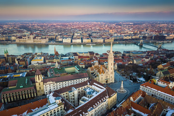 Budapest, Hungary - Aerial skyline view of Buda side of Budapest with the famous Matthias Church, Fisherman's Bastion, Szechenyi Chain Bridge and Parliament of Hungary at winter time