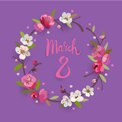 Obraz premium March 8 Women's Day greeting card with a floral wreath frame.