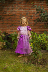 Portrait kid in a purple princess costume. Brick wall background. Outdoors. © Susana Valera