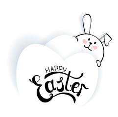 Happy Easter lettering. White bunny, three Easter eggs and hand inscription on white background.