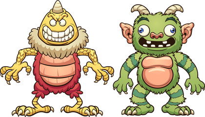 Cartoon monsters with interchangeable body parts. Vector clip art illustration with simple gradients. Some elements on separate layers. 