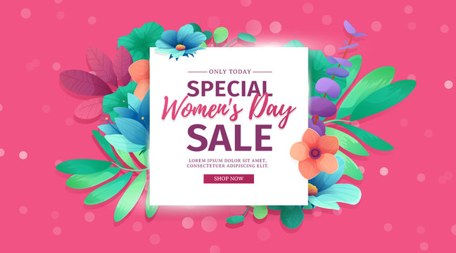Banner for the International Happy Women's Day. Flyer for  sale March 8 with the decor of floral.  Design horiznotal Web offer with a pattern  flowers for advertising and discount. Vector