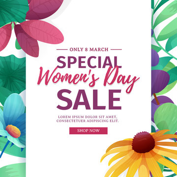 Banner for sale International  Happy Women's Day on flower background. Flyer for March 8 with the decor of floral. Invitations with vertical frame and flower for offer and discount. Vector 