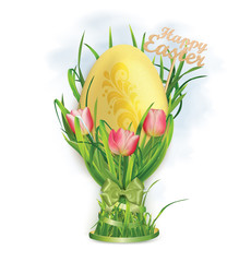 Easter egg and egg cup of grass and tulips. Vector illustration