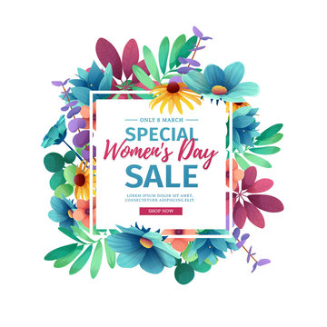 Banner for sale International  Happy Women's Day on flower background. Flyer for March 8 with the decor of floral. Invitations with square frame and flower for offer and discount. Vector 