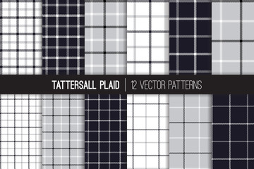 Gray, Black and White Tattersall & Windowpane Plaid Vector Patterns. Men's Fashion Fabric. Father's Day Background. Small to Large Scale Check Textile Prints. Repeating Pattern Tile Swatches Included.