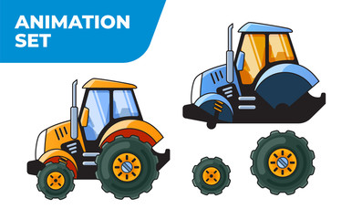 Yellow and Blue Tractors. Prepared for animation.