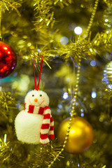 Decorated Christmas tree background/texture with an adorable snow man