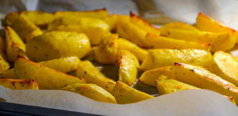 Baked potato wedges in oven on baking paper. Close-up