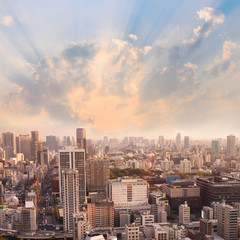 Fototapeta premium Cityscapes of Tokyo sunset, widok z lotu ptaka wieżowiec miasta budynku biurowego i centrum miasta i ulicy minato w Tokio z żółtym tle światła słonecznego. Japonia, Azja