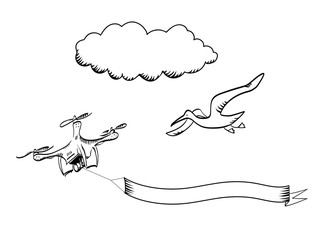 Doodle sketch banner with seagull, drone and cloud. Engraving style, etching style.