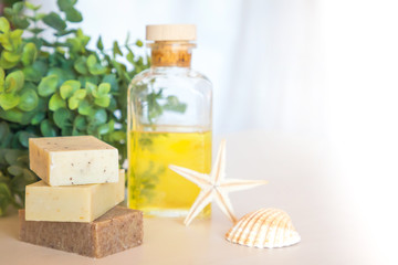 Piece of natural soap with oil, natural organic cosmetics