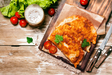 Cheburek, fried pie with meat and onion, traditional turkish and mongolian dish top view