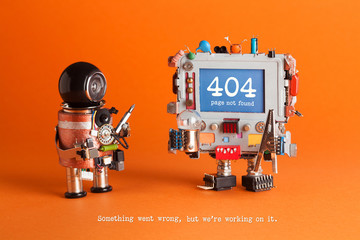 404 error page not found. Serviceman robot with screw driver, robotic computer warning message on...