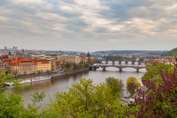 Obraz premium Ancient bridges of Prague over Vltava river. Heart of old town. Czech Republic. Spring time.