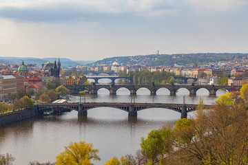 Obraz premium Remarkable view of Prague bridges over Vltava river with historic embankment. Daytime, spring season, green park at the foreground
