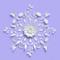 3d rendering, floral kaleidoscope, white paper flowers, symmetrical ornament, lilac botanical background, papercraft