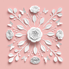 3d rendering, floral kaleidoscope, white paper flowers, symmetrical ornament, pink botanical background, papercraft