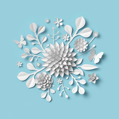 3d rendering, white paper flowers on blue background, isolated botanical clip art, round bridal bouquet, wedding wall decoration, floral design
