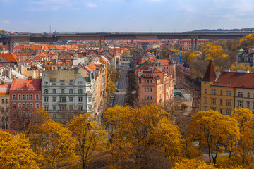 Prague streets with old living blocks red rooftops with park and trees. Fall season.