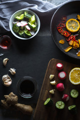 Tableware, ginger and vegetables for making sushi free space. Asian cuisine