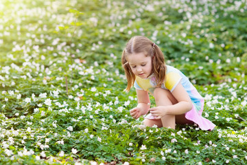 Naklejka na ściany i meble Child in spring park with flowers